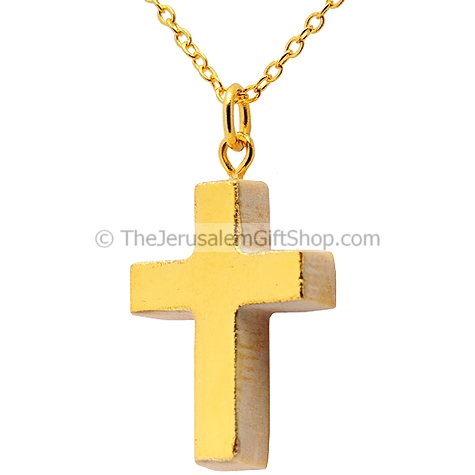 Jerusalem Stone Cross ARIEL Pendant - 24K luminous gold plated