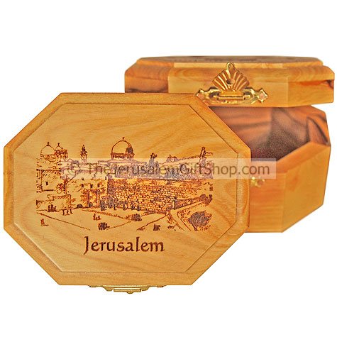 Hexagon shaped Olive Wood Box - Temple Mount