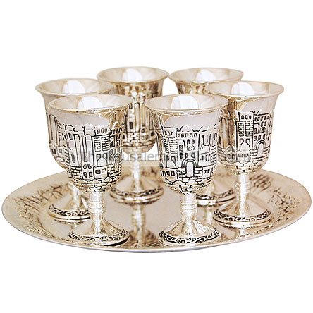 Set of Six Kiddush Cups with Tray