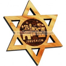Olive Wood Fridge Magnet with Star of David and Jerusalem
