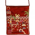 Raw Silk Embroidered Burgundy Bag featuring a Jerusalem cityscape