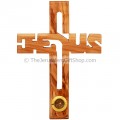 Jesus Cross in Olive Wood with Earth from Jerusalem in glass window at the base
