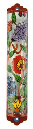 Yair Emanuel | Laser Cut Hand Painted Metal 'Flowers' with 'SHIN' Mezuzah