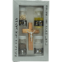 Olive Wood Cross and Pewter Plated Crucifix with Vials of Holy Soil, Jordan River Water, Galilee Olive Oil and Incense.