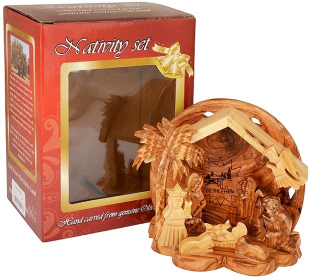 Olive Wood Nativity Scene Ornament from Bethlehem | Church of The Nativity Manger Square Engraving - 4.3 Inch - Boxed