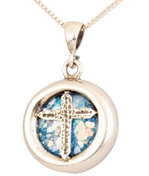 Roman Glass 'Christian Cross' Round Pendant - 925 Sterling Silver - Made in the Holy Land
