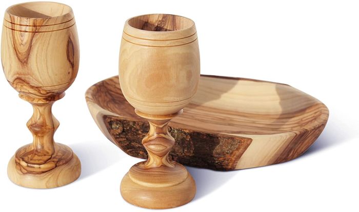 The Lord's Supper Cup - Bread Tray & Pair of Cups - Made in Bethlehem from 'Grade A' Olive Wood