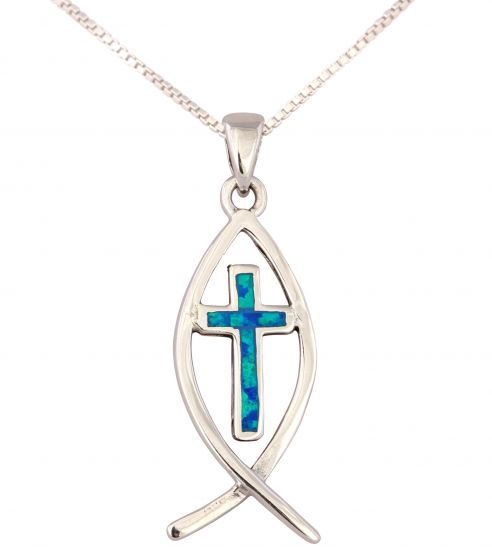 Fish with King Solomon Stone Cross, Sterling Silver Pendant