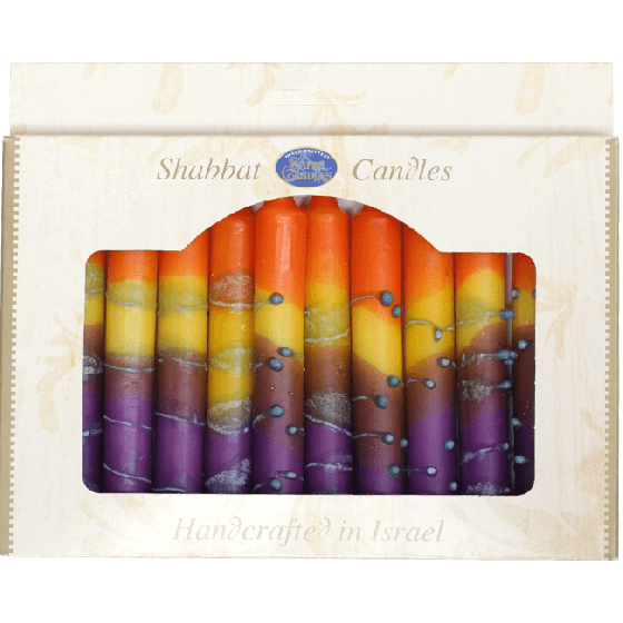 12 Handmade Orange, Yellow, Purple Shabbat Candles