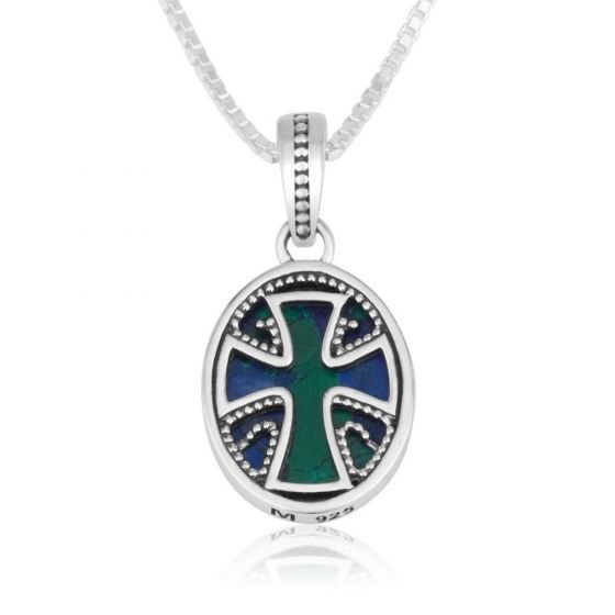 Cross Pendant - 925 Sterling Silver with Azurite Stone