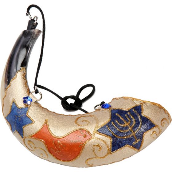 Anointing Rams Shofar Decorated with Menorah and Birds