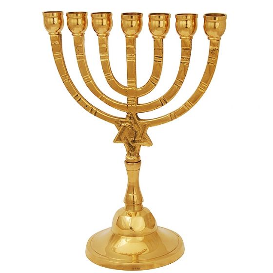 Polished Brass Star of David Menorah - 7 inch