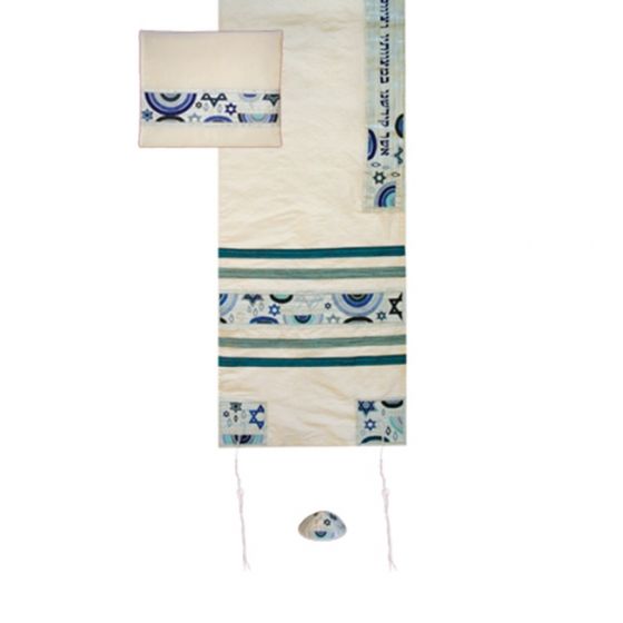Yair Emanuel 'Jewish Symbols' Embroidered Blended Silk Prayer Shawl / Tallit - Blue