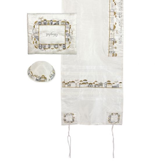 Yair Emanuel 'Jerusalem' Blended Silk Embroidered Prayer Shawl Tallit Set - White
