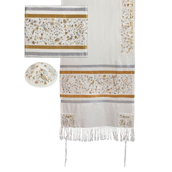 Yair Emanuel 'Birds and Flowers' Embroidered Raw Silk Prayer Shawl / Tallit Set - Gold/White