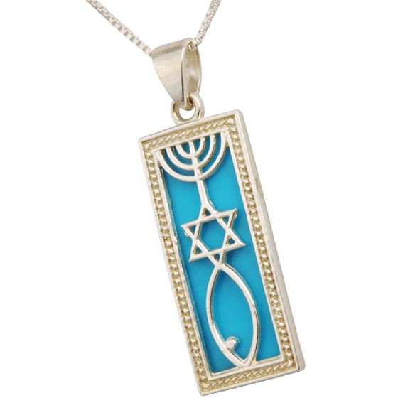 Jerusalem jewelry- 'Grafted In' 925 Sterling Silver Messianic Symbol mounted on Turquoise Pendant 