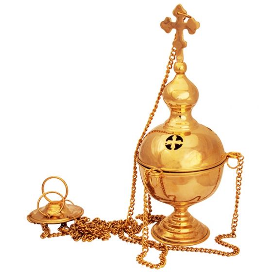 Hanging Brass Incense Burner from Jerusalem with Cross - 9" high with 19" Chain