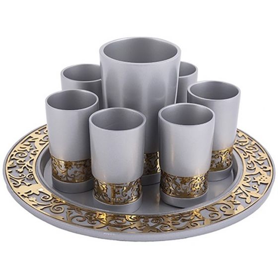 Holy Land Harvesters - Lord Supper Cup Set - Grey and Gold Metal Cutout - Matching Tray 