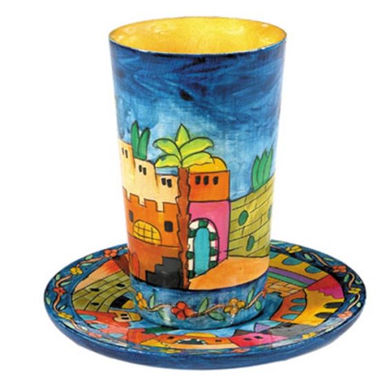 Lord's Supper Cup with Saucer - Hand Painted Wood - Jerusalem