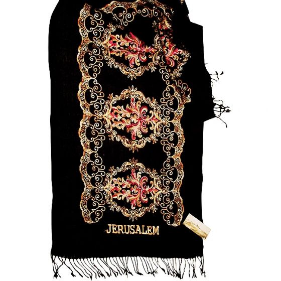 Large Embroidered Flowers 'Jerusalem' Shawl - Black Scarf
