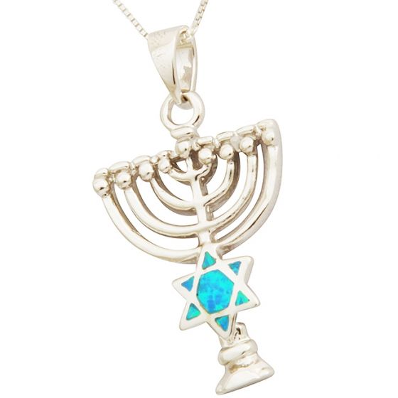 Jerusalem jewelry - Menorah with Opal Star of David Sterling Silver Pendant