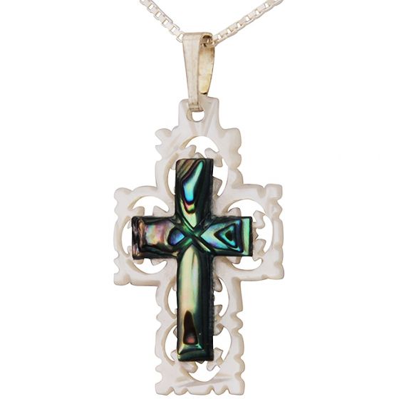 Mother of Pearl Cut-Out Design with Abalone Shell inlay Christian Pendant - Jerusalem jewelry