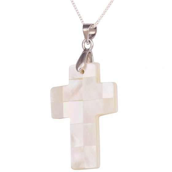 Mother of Pearl Cross Pendant - Handmade in Jerusalem - Block Design