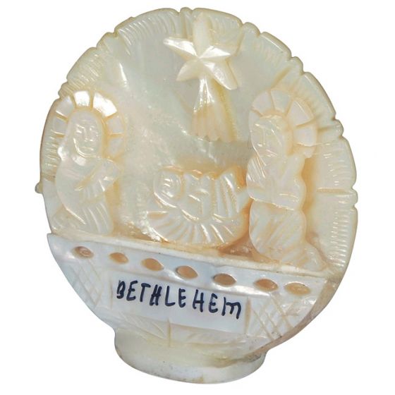 Mother of Pearl Nativity Scene on round Mother of Pearl Shell - Made in Bethlehem - 2.5 inch