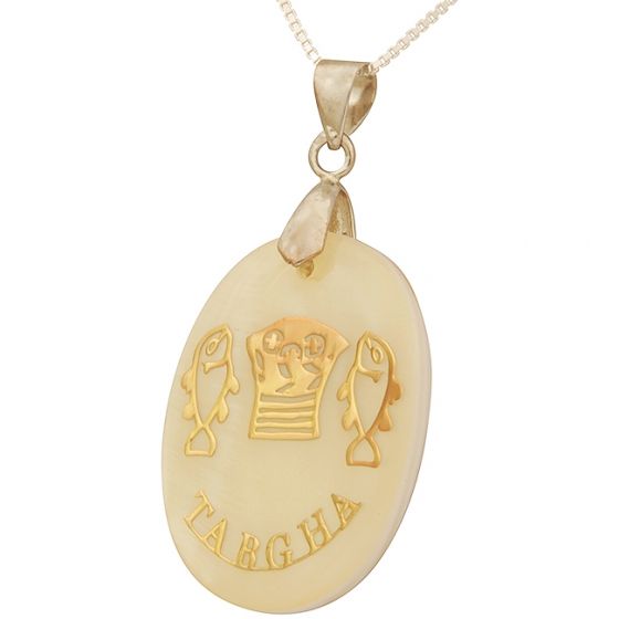 Mother of Pearl with Embedded Gold Metallic 'Tabgha - Loaves and Fishes' Pendant