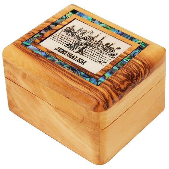 Olive Wood Jewelry Box with Mother of Pearl 'Jerusalem' Scene inlay
