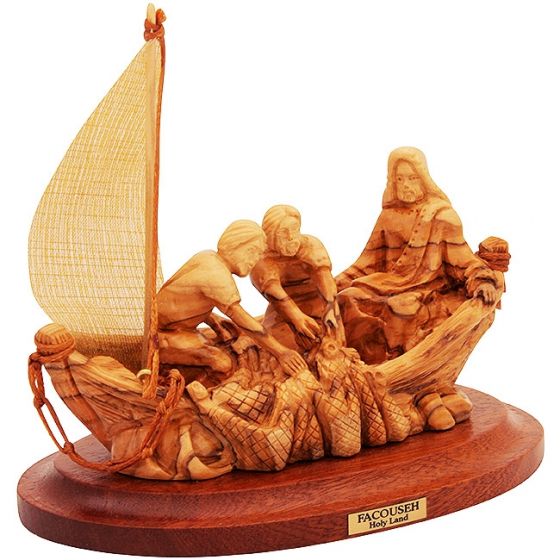 Jesus and the Miraculous Catch of Fish - Olive Wood Ornament - Made in Bethlehem - 3 Sizes 