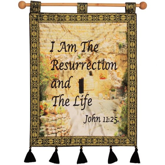 I AM THE RESURRECTION AND THE LIFE (John 11:25) Garden Tomb Jerusalem Wall Hanging - Blue 
