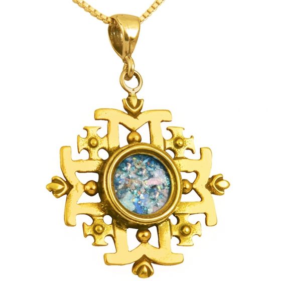 'Jerusalem Cross' Five-Fold Pendant - Roman Glass and 14k Gold - Made in the Holy Land