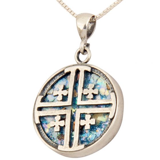 Roman Glass 'Jerusalem Cross' Circular Pendant - Sterling Silver - Made in the Holy Land