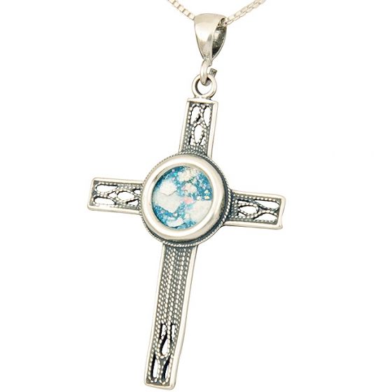 Roman Glass Perforated 'Cross' Pendant - 925 Sterling Silver - Made in the Holy Land