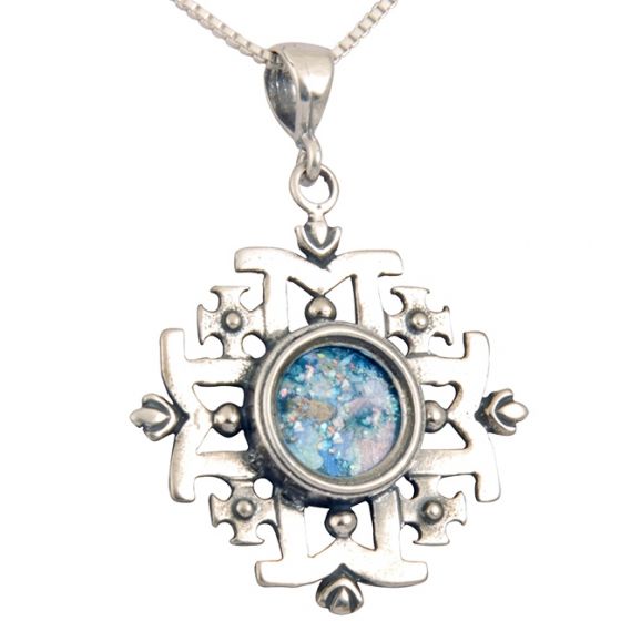'Jerusalem Cross' Five-Fold Pendant - Roman Glass and 925 Sterling Silver - Made in the Holy Land