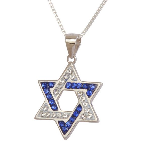 Star of David Embedded with 'Israel' Blue and White CZ stones - Sterling Silver Pendant
