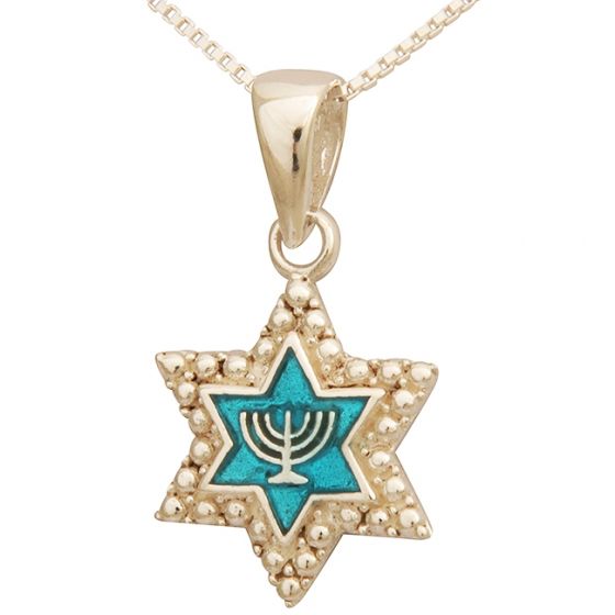 Sterling Silver Star of David with Menorah on Turquoise Pendant