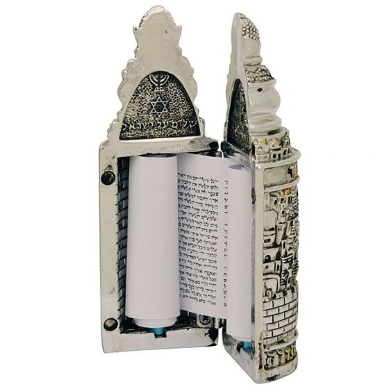 Sefer Torah Scroll - Jerusalem design - 3D Silver and Gold Plated Case