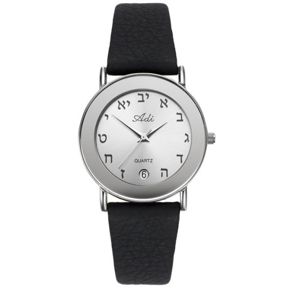 Women's 'Adi Watch' with Aleph-Bet Hebrew Numerals and Mechanical Date - Stainless Steel on Black Leather Strap - Made in Israel
