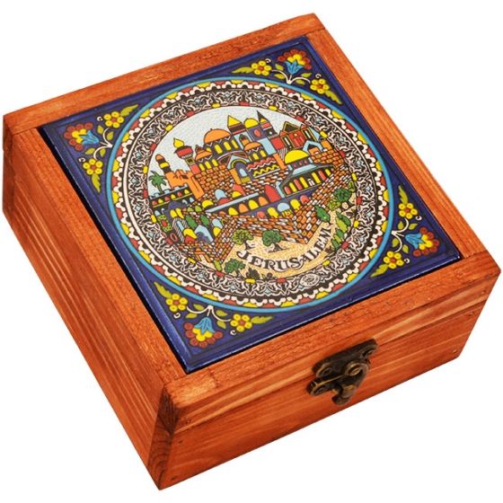 Wood Jewelry Box with Jerusalem Ceramic Tile - Made in the Holy Land - Medium