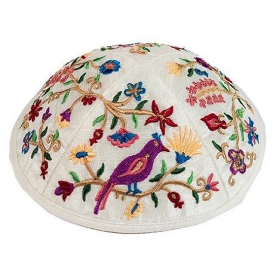 Yair Emanuel | Embroidered Silk Kippah | Garden of Eden Flowers & Birds