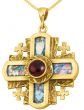 Roman Glass 'Jerusalem Cross' 5 Fold - Rugged Cross Pendant - 14k Gold - Red Crystal