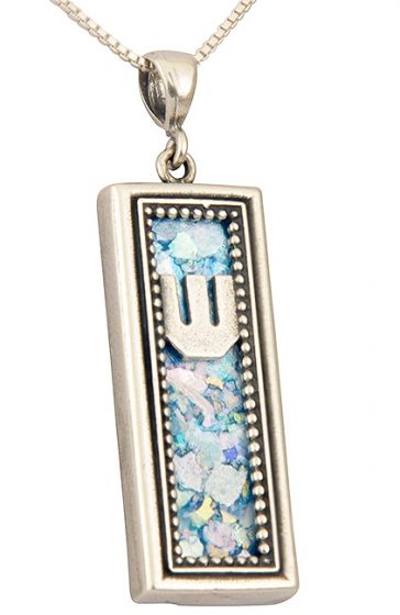 Roman Glass Hebrew 'Shin' Mezuzah Pendant - 925 Sterling Silver - Israeli Jewelry