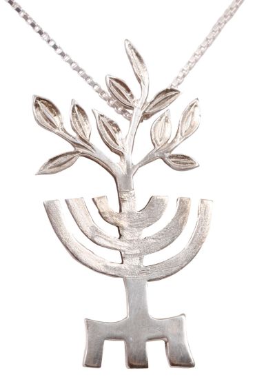 7 branches Menorah and Olive tree leaf silver pendant 