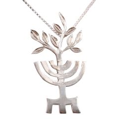 7 branches Menorah and Olive tree leaf silver pendant 