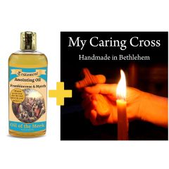 Anointing Oil Frankincense & Myrrh 250ml + Olive Wood Comfort Cross from Bethlehem