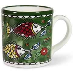 Armenian ceramic cups with artistic 'fishes' design, hand painted Green