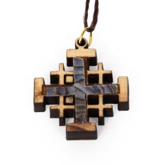 Olive Wood with Mother of Pearl 'Jerusalem Cross' inlay Necklace