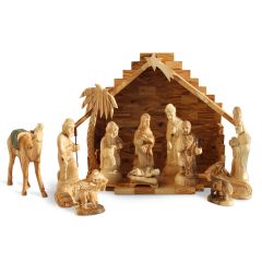 Nativity Set Deluxe - Olive Wood Made in Bethlehem - 12 Pieces  (back of the Manger could be with or without the Angel)